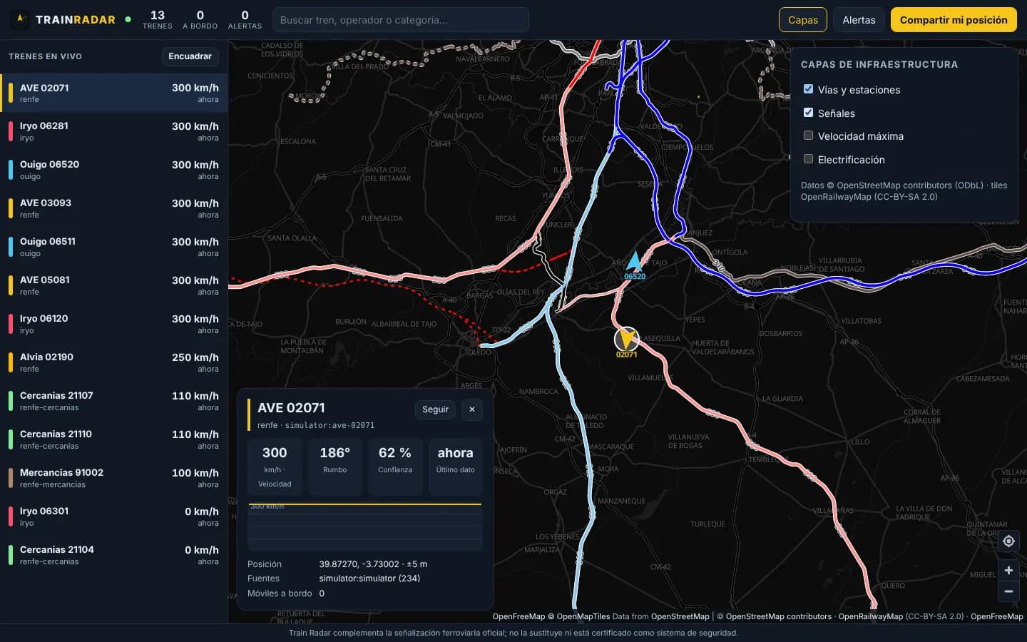 Mapa com as camadas de vias e sinais ativas e o painel de camadas aberto