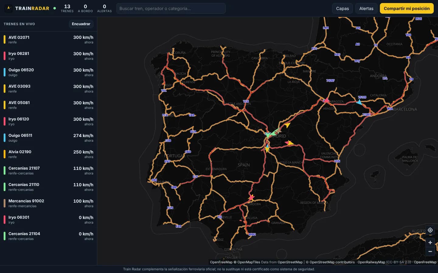 Mapa oscuro de España y Portugal con la red ferroviaria y la lista de trenes en vivo