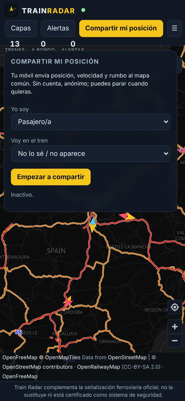 Ecrã de telemóvel com o formulário «Partilhar a minha posição» e o seletor de função